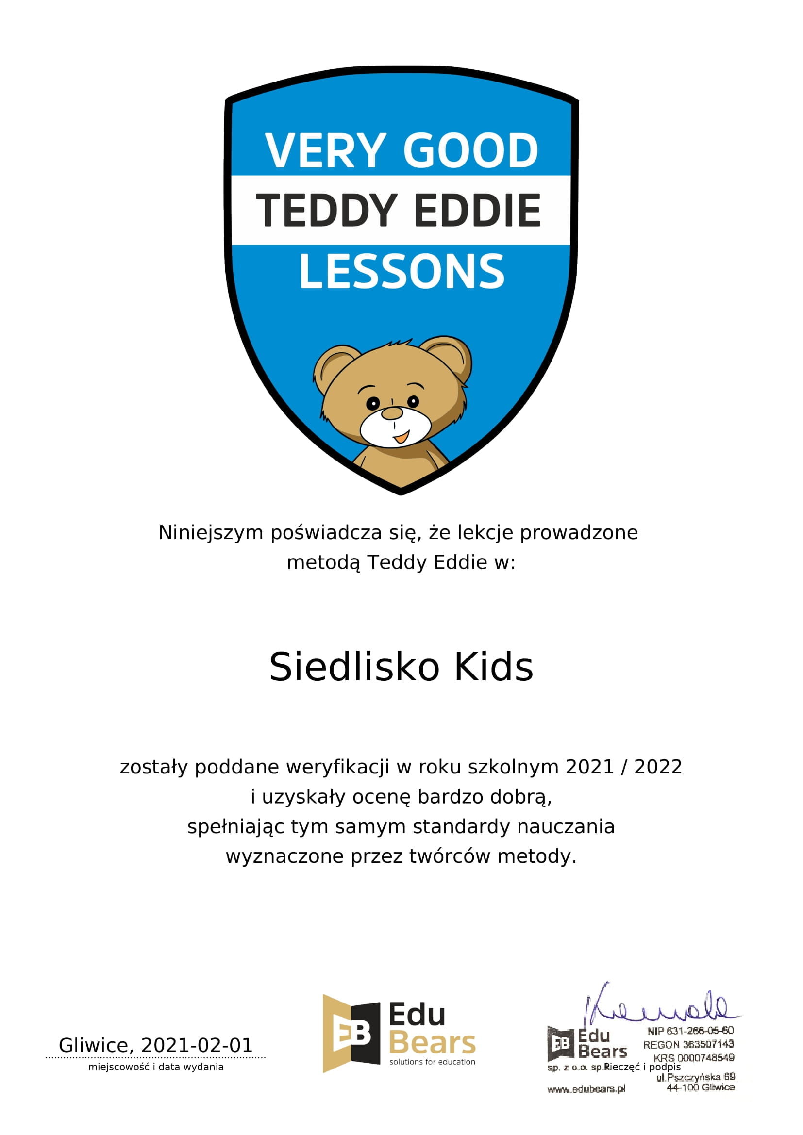Certyfikat Teddy Eddie